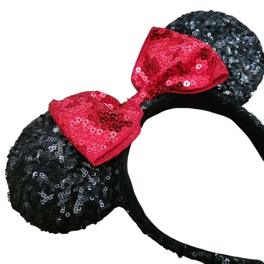 Disney Parks Minnie Mouse Classic Red Bow Black Ears Sequin Headband tag cut off